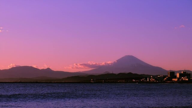 Sunset and Mt. Fuji seen from the Chigasaki coast in Kanagawa prefecture,
