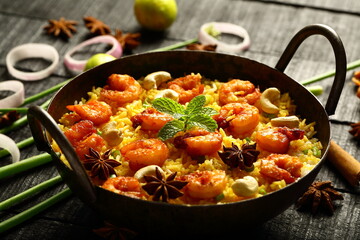 Homemade delicious seafood biryani, pilaf, Arabian traditional recipes. 