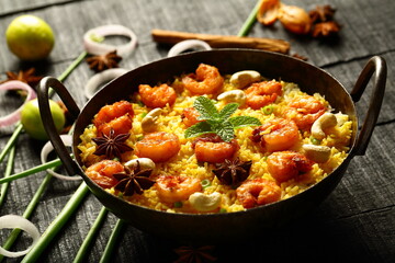 Homemade delicious seafood biryani, pilaf, Arabian traditional recipes. 