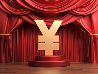 The gold-colored Japanese yen symbol in the cinema theatre scene.  Horizontal composition with copy space. Isolated with clipping path.