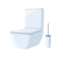 Ceramic toilet and brush stand. WC seat closed with lid. Water closet bowl with tank. Flush, clean sanitary unit. Lavatory, restrooms facility. Flat vector illustration isolated on white background