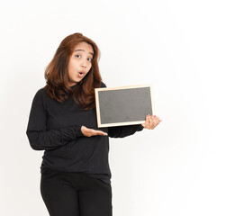 Fototapeta premium Showing, Presenting and holding Blank Blackboard Of Beautiful Asian Woman Wearing Black Shirt