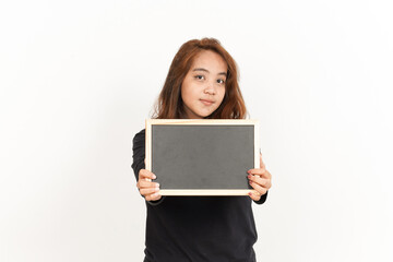 Fototapeta premium Showing, Presenting and holding Blank Blackboard Of Beautiful Asian Woman Wearing Black Shirt