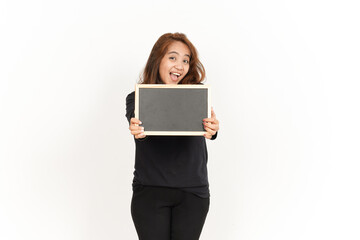 Fototapeta premium Showing, Presenting and holding Blank Blackboard Of Beautiful Asian Woman Wearing Black Shirt