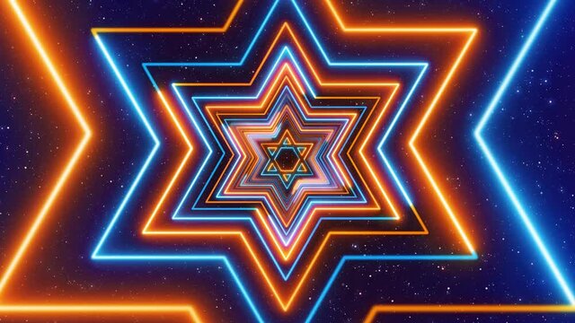 Abstract Artistic Blue And Orange Star Of David Judaism Symbol Lines Neon Light Rotating Tunnel With Sparkle Stardust Seamless Loop Background Animation