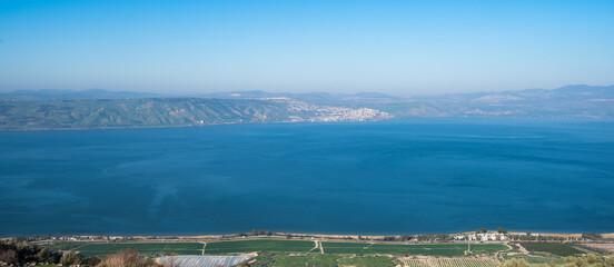 Fototapeta premium A view of the center part o the sea of galilee and Tiberias, from the Golan heights