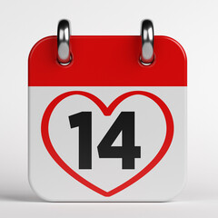 Red-colored February 14 calendar. On white-colored background. Square composition with copy space. Isolated with clipping path.