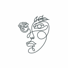 Elegant woman face in single line art style with flowers.Continuous line art in minimalist style for printing, tattoos, posters, textiles, cards etc. Beautiful fashion woman face vector illustration
