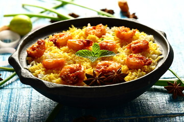 Seafood pilaf- homemade spicy cooked shrimp, prawns rice pulav , biriyani. 