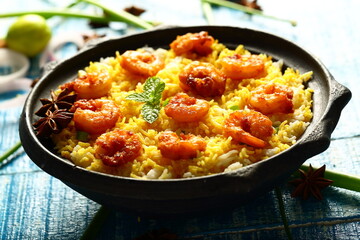 Seafood pilaf- homemade spicy cooked shrimp, prawns rice pulav , biriyani. 