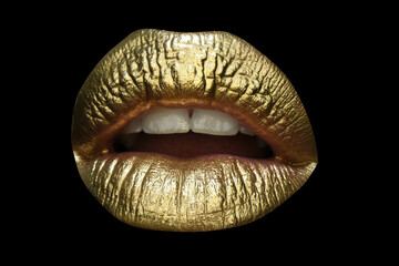 Sensual forms of woman lips. Luxury gold lips make-up. Golden lips with golden lipstick. Gold paint on lips of sexy girl. Sensual woman mouth, isolated background. - obrazy, fototapety, plakaty