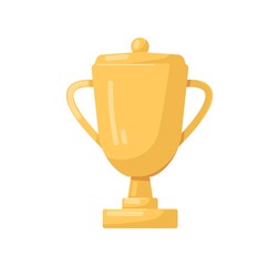 Gold winner cup. Golden goblet, prize for first place. Gilded trophy for champion. Award with pedestal, lid and handles. Shiny metal reward. Flat vector illustration isolated on white background