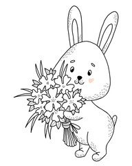 Cute bunny with bouquet of flowers. Vector illustration. Postcard in style of hand drawn linear doodles. Funny animal for design and decoration, greeting cards, childrens collection and coloring pages