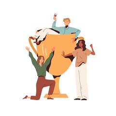 Winners cup and happy people champions celebrate contest winning. Team rejoicing with trophy award. Success and achievement concept. Flat graphic vector illustration isolated on white background