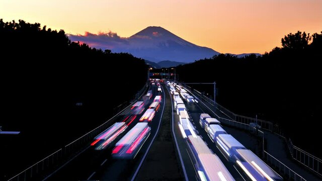 silhouette of mt.fuji at dusk in chigasaki city on the road, kanagawa prefecture.
