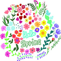 Hello spring vector illustration. Set of spring flowers design of postcards, invitations.