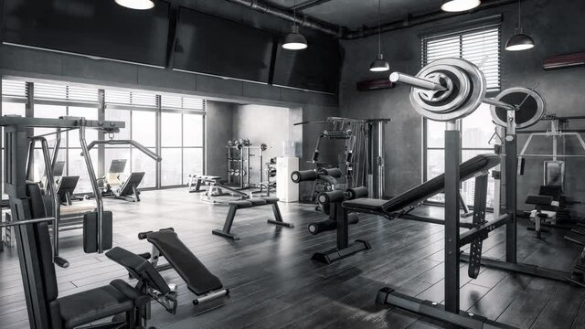 Body Building Center With Exercise Machines Integrated Inside a Penthouse Recreation Area - loopable 3D Visualization