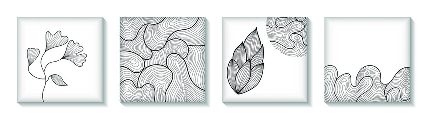 Set of black and white abstract shapes from smooth black lines. Flowers, wave, background, sun. Vector illustration. Wall graphics.