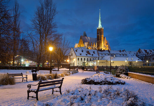 Wroclaw, Poland - Church of the Holy Cross in winter dusk