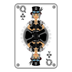 The Queen of clubs card in steampunk style. Vector illustration of board games.