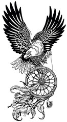 bald eagle in flight with a dream catcher. American native Indians dreamcatcher. Black and white tattoo style vector illustration