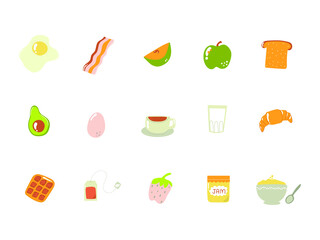 Fototapeta na wymiar Set of hand drawn breakfast elements. Cute flat illustration.