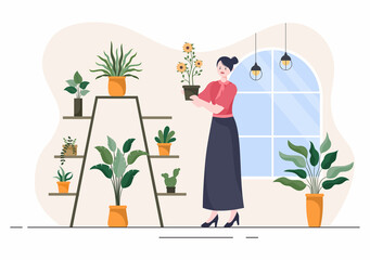 Flowers Store and Plants Shop with Florists Care, Organic Natural Products for Home Garden Green Decoration in Flat Background Vector Illustration