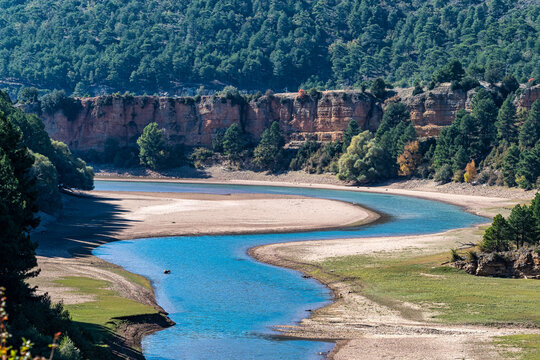 Rocky landscape with mountains lake La Toba reservoir. Serrania de Cuenca, Cuenca, Spain