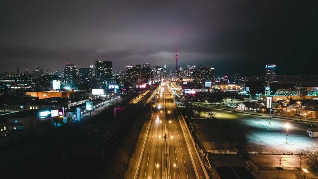 Aerial Hyper Lapse Time Lapse of Downtown Toronto Highway at Night