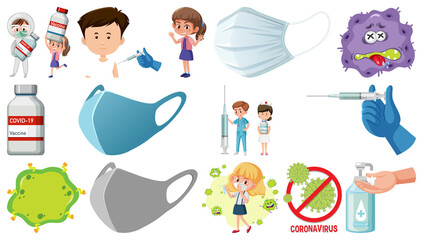 Cartoon character and Coronavirus vaccination isolated objects