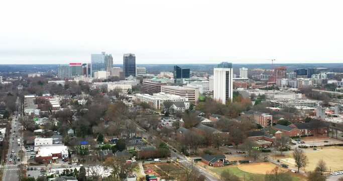 Raleigh, North Carolina skyline with drone video moving in.