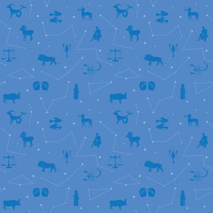 blue vector seamless pattern with stars and animals - Zodiac constellations