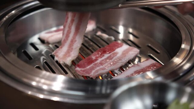 4K Korean food, traditional Korean grilled pork, BBQ, the cooking of Korean style hot pan barbecue meat