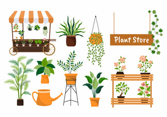 Obraz premium Flowers Store and Plants Shop with Florists Care, Organic Natural Products for Home Garden Green Decoration in Flat Background Vector Illustration