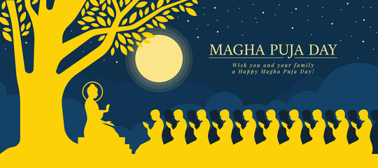 Magha puja day - The Lord Buddha sit under tree and giving 1,250monks in full moon night vector design - obrazy, fototapety, plakaty