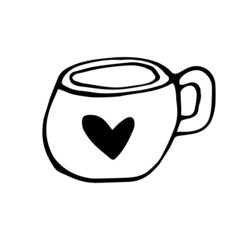 Love mug doodle set. Romantic coffee cup. Vector illustration