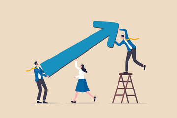 Business improvement or development plan to grow profit, team and community to help improve process for success concept, businessman and woman coworker or team help move arrow upward for growth.