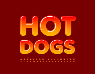 Vector tasty banner Hot Dogs with gradient color Font. Glossy bright Alphabet Letters and Numbers set
