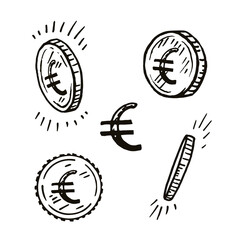 A set of hand-drawn sketches of coins with the euro sign.
