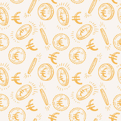Seamless pattern with hand-drawn sketches of coins with euro sign.