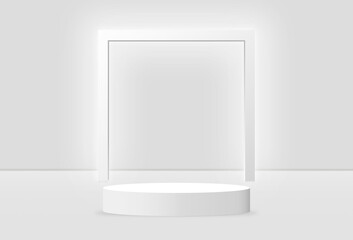 Abstract 3D rendering White cylinder podium studio with a light on the wall. Geometric shape object illustration for banner, poster, and wallpaper. Display for product. copy space.