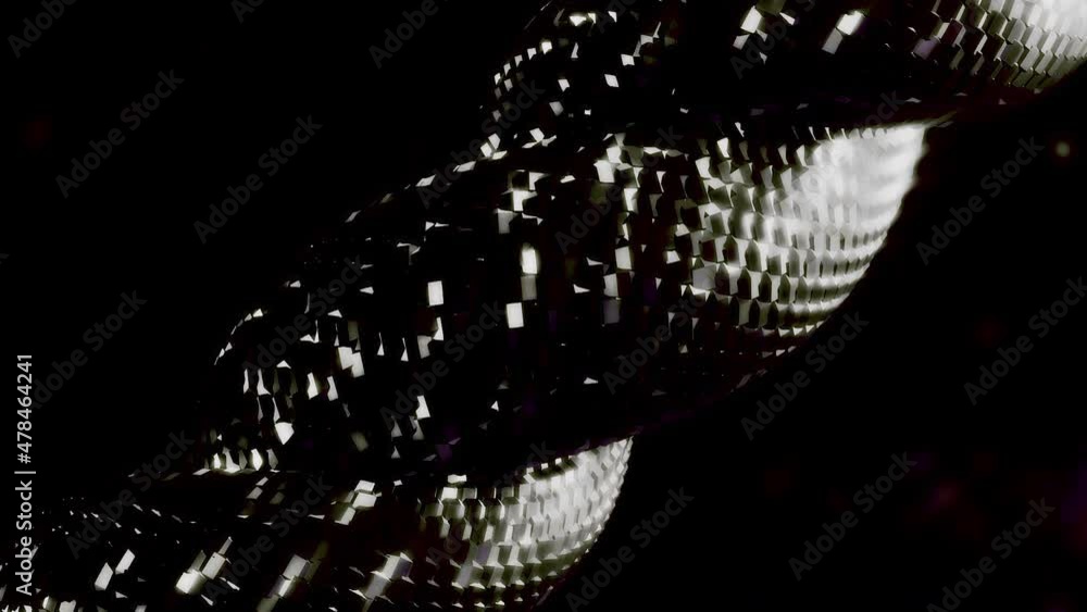 Poster 3D twisted line moves with flickering dots. Motion. Beautiful 3d harness moves and flickers. Twisted 3d line moves with snake shiny pattern