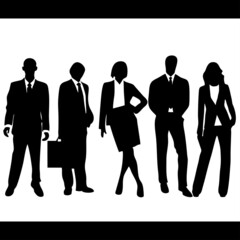 Business people team silhouettes. Men and two girls.