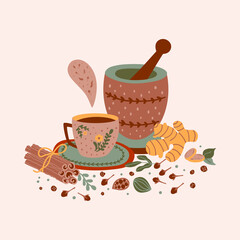 Spicy tea illustration. Hot flavored spiced tea party print. Cartoon cinnamon, ginger, black paper, cardamon, clove. Cup mortar, pestle masala tea vector card Chai tea print.