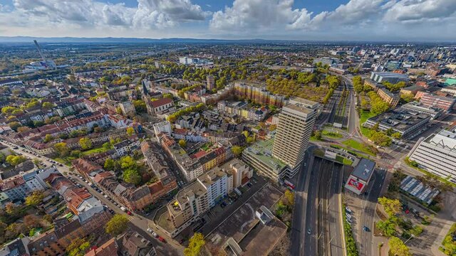 aerial view above Ludwigshafen and the Rhine river