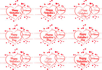 Set of Valentines Day greeting card template with typography text happy valentine`s day and red hearts on background