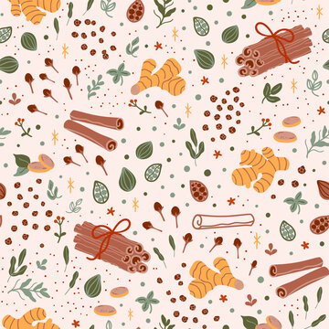 Spicy tea pattern. Spiced tea seamless background. Cartoon cinnamon, ginger, black paper, cardamon, clove. Flavor ingredients, masala tea hand drawn illustration. Chai tea print.