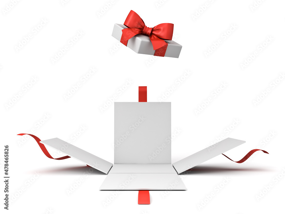 Poster Open gift box or present box with red ribbon bow isolated on white background with shadow 3D rendering