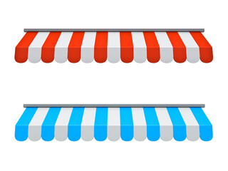 A set of red and blue striped awnings market shop concepts isolated on white background 3D rendering