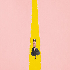 Young woman wearing retro style attire isolated on yellow pink background. Contemporary art collage.
